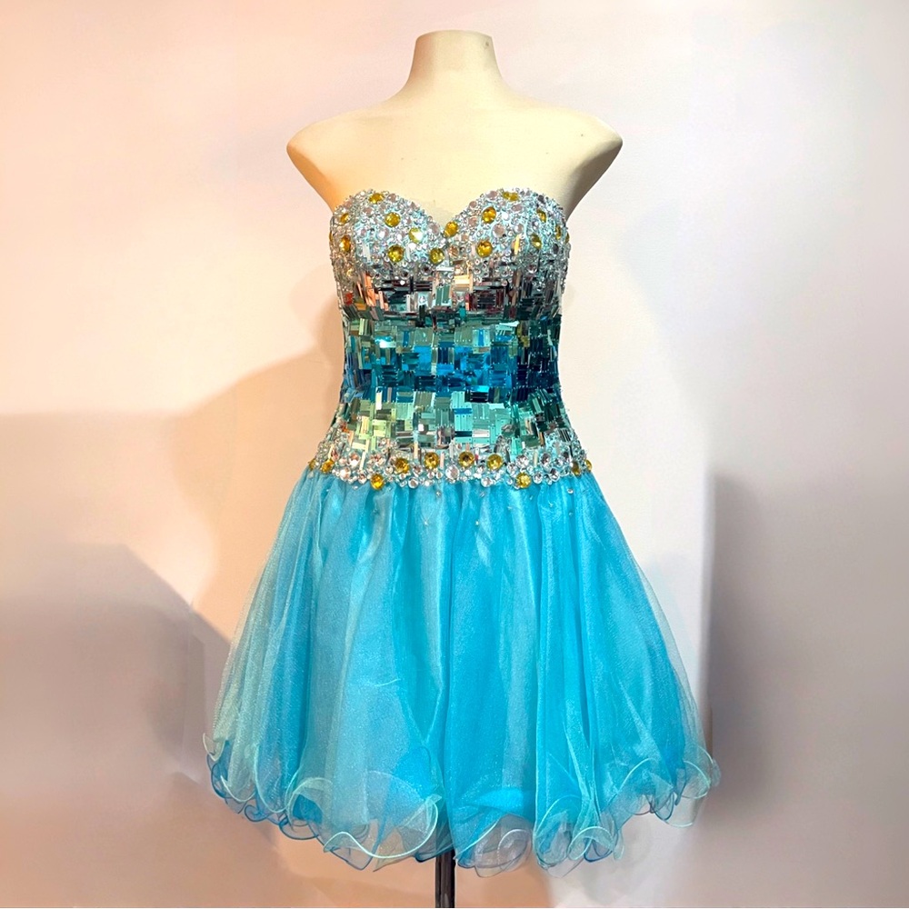 [6] TONY BOWLS Strapless Sequin Dress Blue Taffeta A-Line Size 6 prom